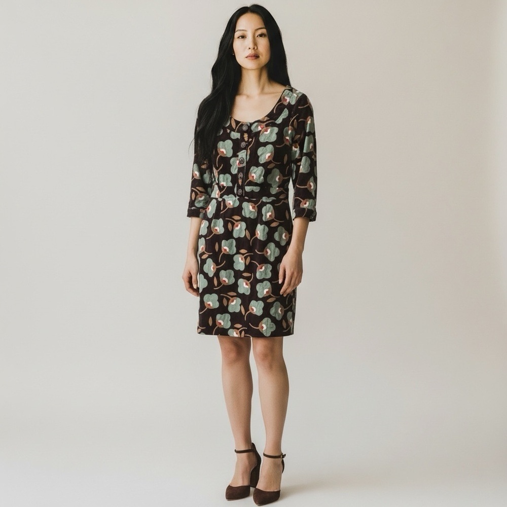 BODEN corduroy floral print dress. Size 6 Regular brown green, work wear, brunch